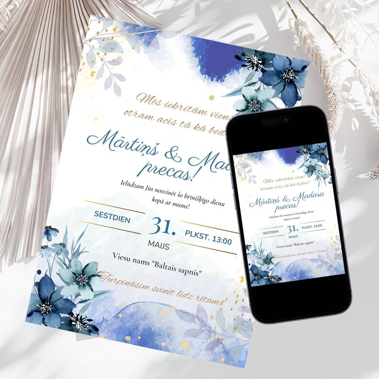 Digitāls kāzu ielūgums zilos toņos ar ziediem un lapiņām